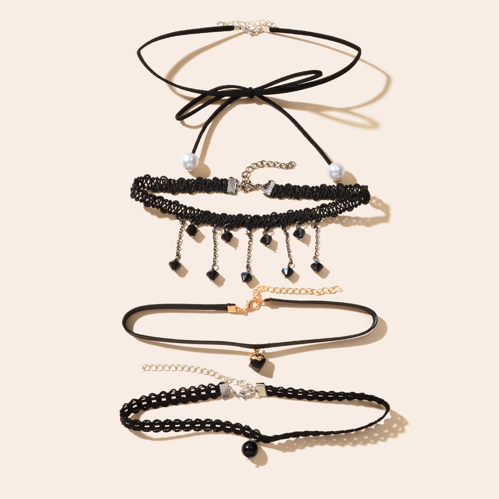 4 pcs Punk Vintage 90s Black Hollow Lace Bow Tassel Charm Tattoo Choker Necklace