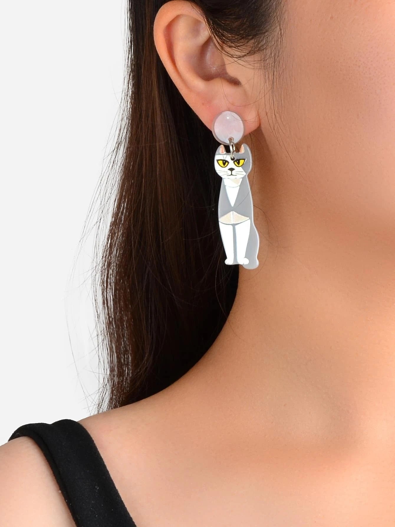 Cartoon Design Gray Resin Acrylic Cat Big Earrings Personality Women Accessories