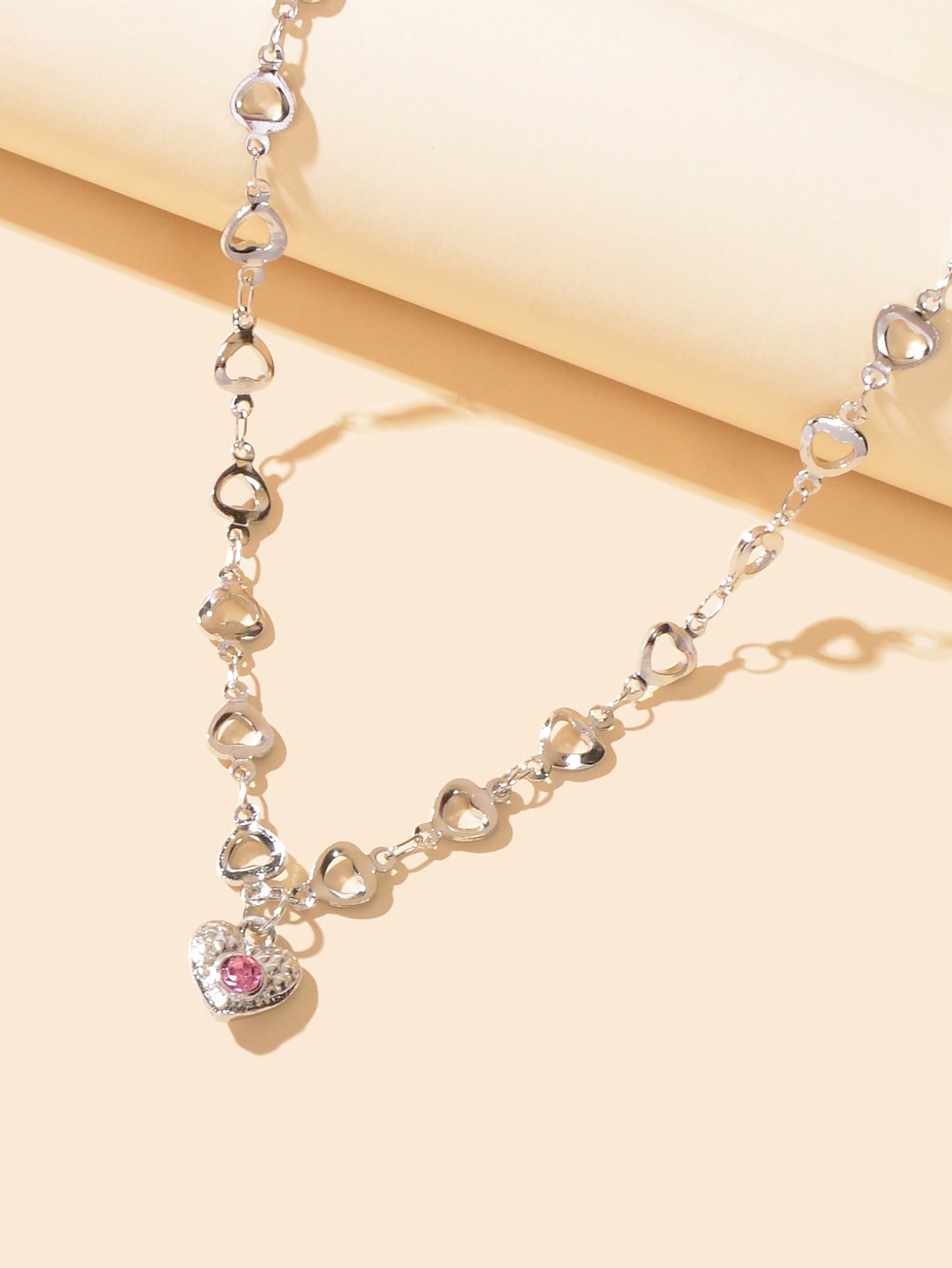 Birthday Anniversary Jewelry Titanium Steel Pink Rhinestone Heart Charm Necklace