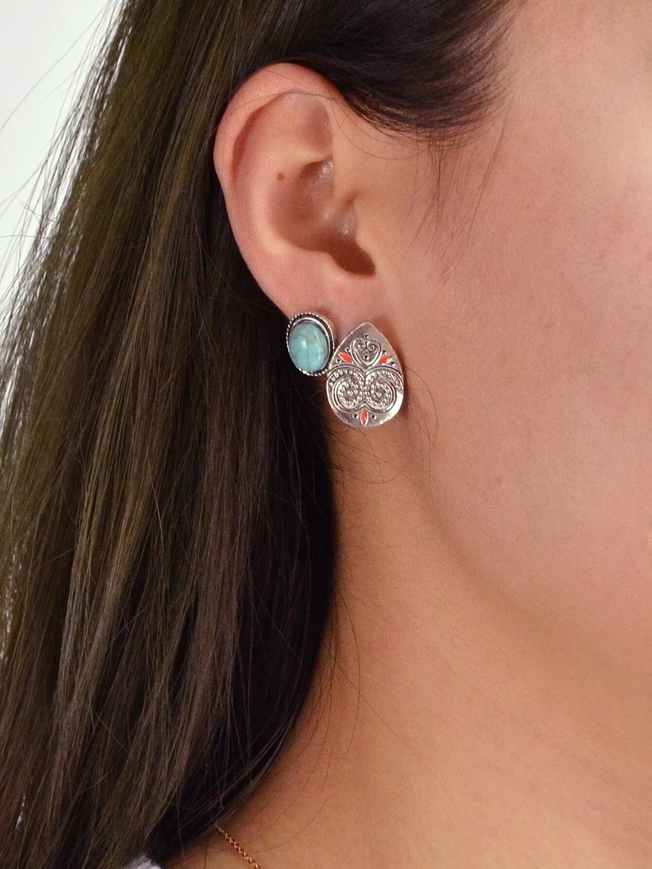 6 Pairs Designer Traditional Antique Silver Geometric Turquoise Stud Earrings