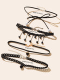 4 pcs Punk Vintage 90s Black Hollow Lace Bow Tassel Charm Tattoo Choker Necklace
