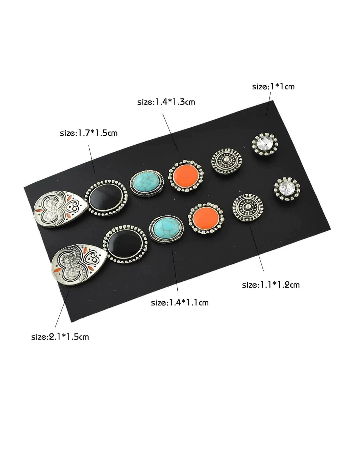 6 Pairs Designer Traditional Antique Silver Geometric Turquoise Stud Earrings
